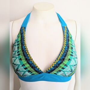 Prana Blue and Green Design Swimwear Halter Bikini Top